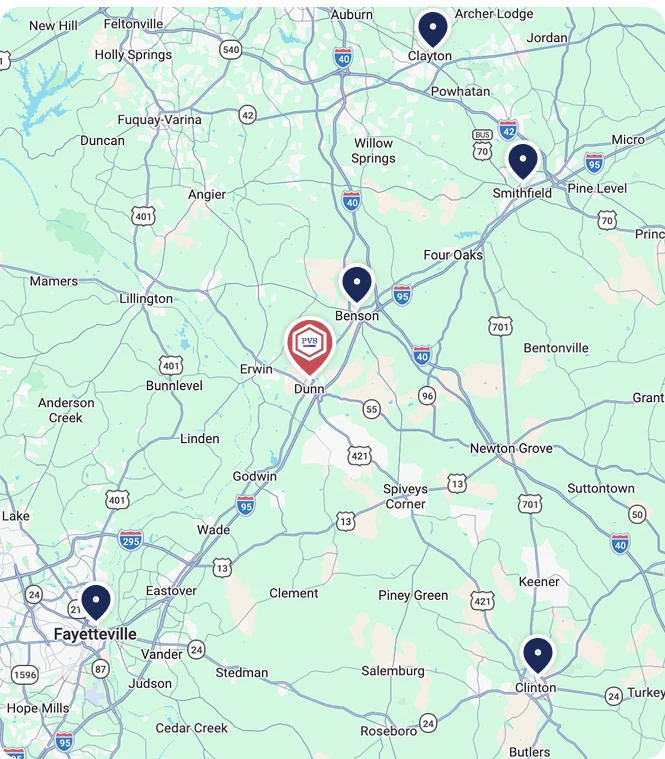 Map of Plain View Solutions HVAC service area across Dunn and Eastern North Carolina